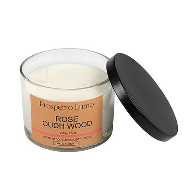 Premium Scented Soy Wax Dual Wick Votive Jar Candle (ROSE OUDH WOOD)