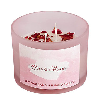 Dual Wick Premium Soy Wax | Luxurious | Scented | Candle with Rose and Mogra