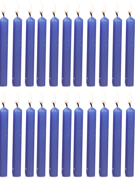 Row of blue candles on a white background