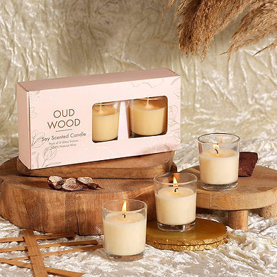 Scented Votive Glass Candles Set of 3 , 100% Natural Soy Wax (Oud Wood)