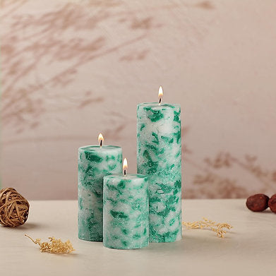 Set of 3 Fragrance Pillar Candles Marble Finish (Green Apple)