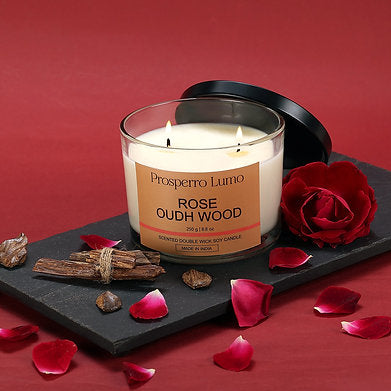 Premium Scented Soy Wax Dual Wick Votive Jar Candle (ROSE OUDH WOOD)