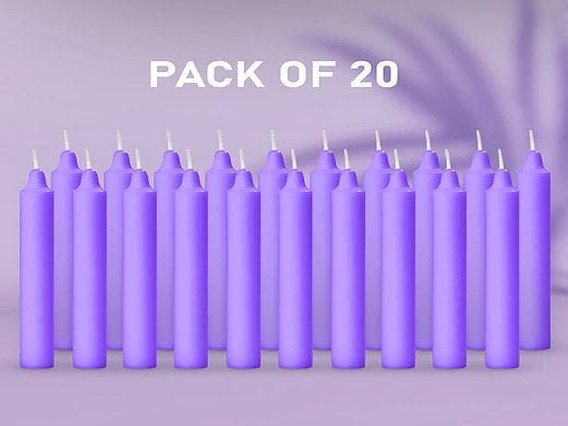 Pack of 20 purple candles on a light purple background