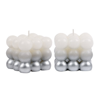 Paraffin Wax Golden lacquered Bubble Cube Candle Set of 2 (Silver)