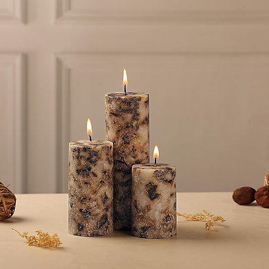 Set of 3 Fragrance Pillar Candles Marble Finish (Brown - Coffee)