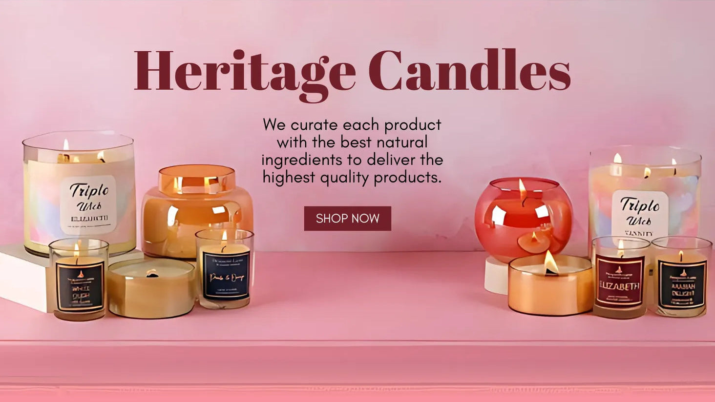 Heritage Candles display with various candle types on a pink background