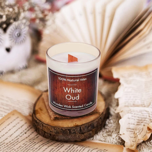 Wooden Wick White Oud Scented Candle || Pure Soy Wax || Home Décor || Long-Lasting Fragrance || Perfect for Relaxation and Ambiance