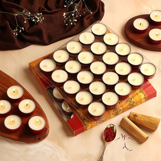 Premium Soy Wax Scented Tea Light Set of 25 || Premium Organic Aroma Upto 5 Hours || Smokeless & Dripless Soy Wax Diya (Kesar Chandan)