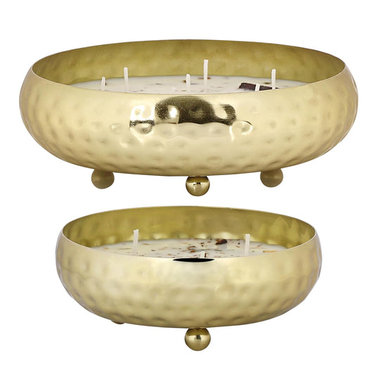 Premium Luxe Aromatic Bowl Candle Set – Tobacco Leather Lust | 7 Wick |& Peach in The Star | 3 Wick | – Soy Wax Scented Candle Duo in Hammered Metal Gift