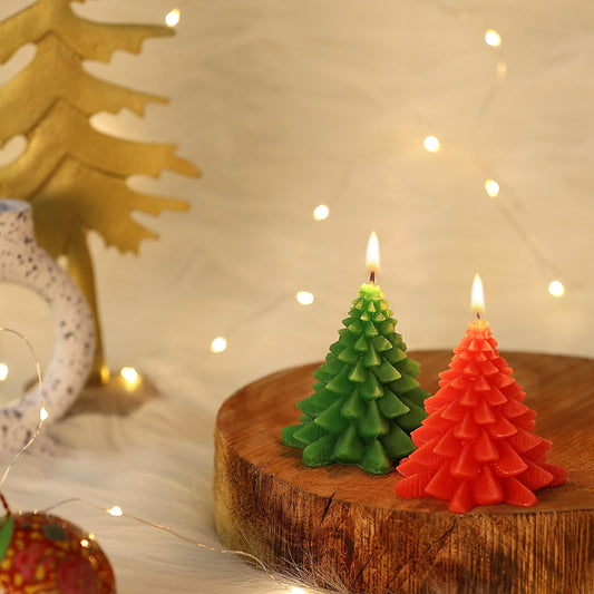 Premium Wax Small Christmas Tree Unscented Candles || Set of 2 || Home Decoration