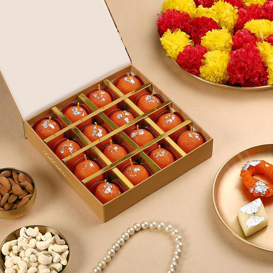 Premium Giftbox Ladoo Candle || Hand Poured || Motichur Laddoo Candles Giftbox || Decorative Candle 100% Paraffin Wax || Set of 16 - Unscented