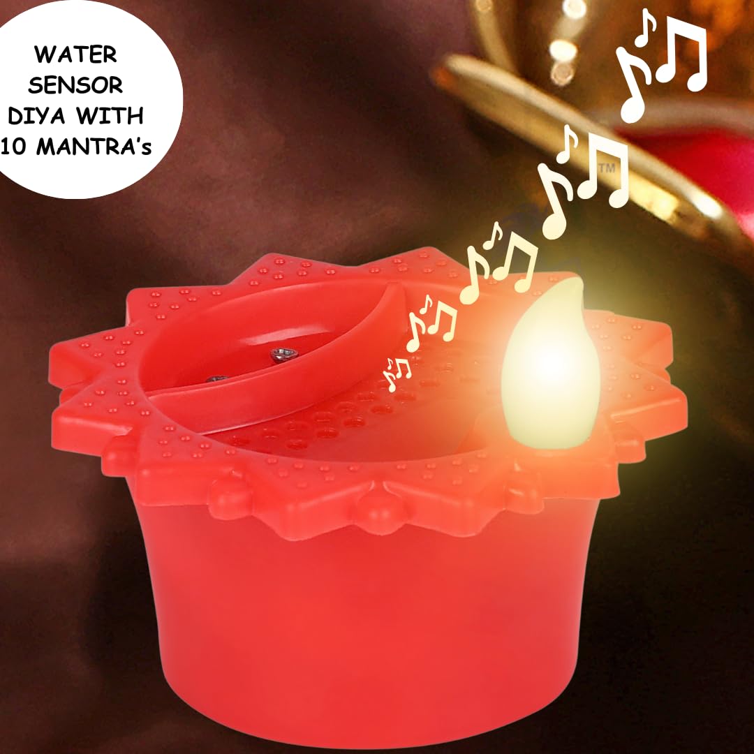 Prosperro Lumo by Parkash Candles Water Sensor Mantra Diya || Acrylic Flameless & Smokeless Decorative Diya || 2 in 1 Function LD Diya with Mantra Chanting || Perfect for Gift, Diwali (RED)
