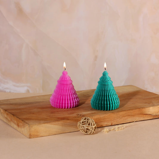 Mini Spiral Christmas Tree Candles (Set of 2) – Pink & Teal