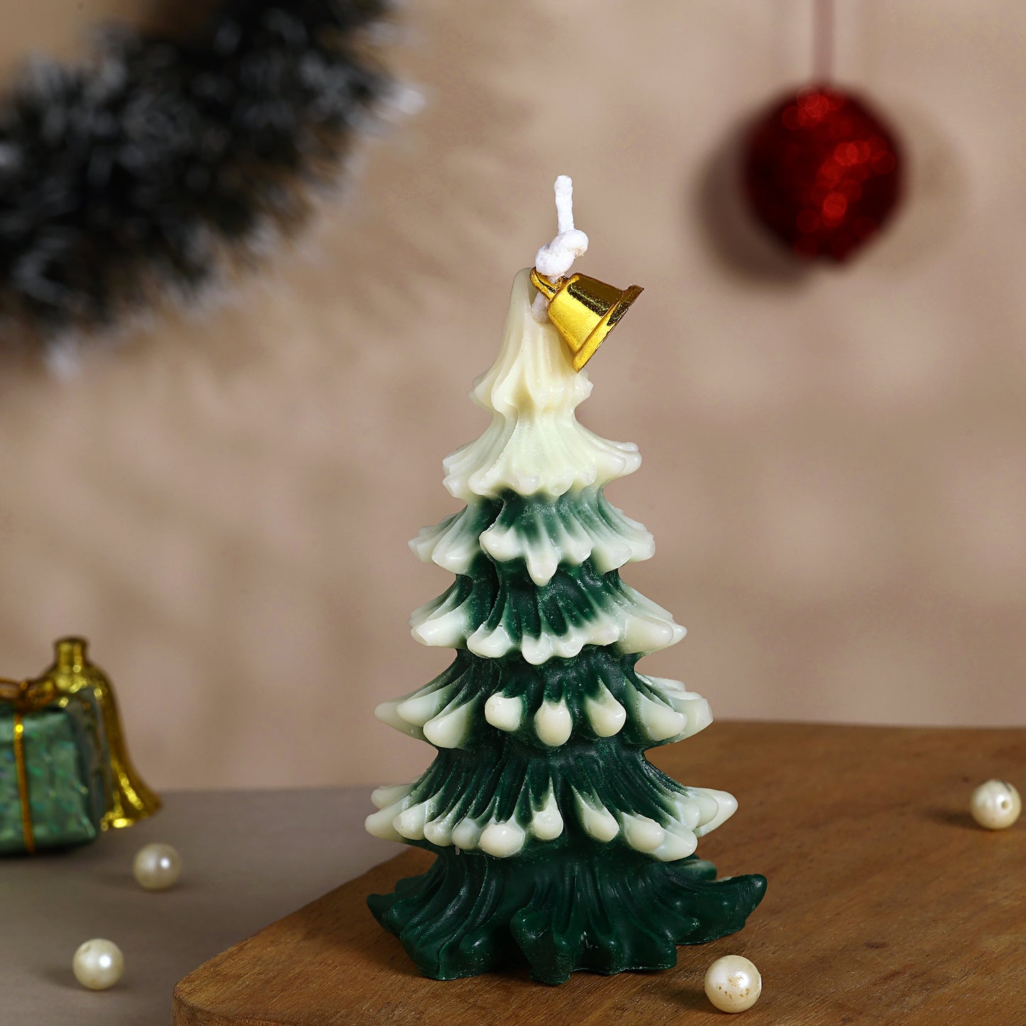 Christmas-tree–shaped || Snowy Pine Glow Candle || Snowy Evergreen Delight