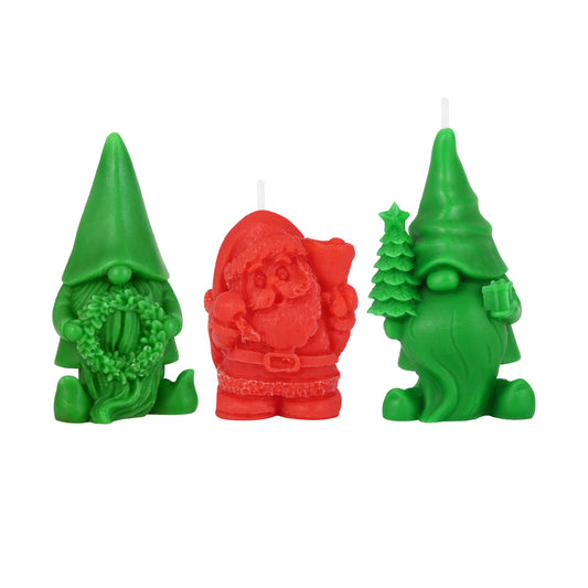 Christmas Mini Character Candles – Santa & Gnome Set (3 Pack) || Holiday Santa & Gnome Figurine Candles