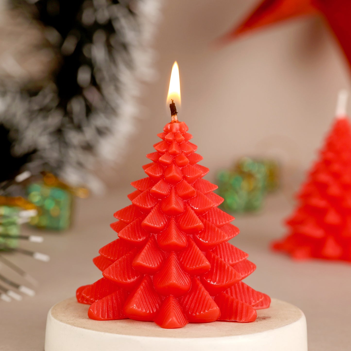 Red Christmas Tree Decorative Candle || Festive Pine Tree Shape Candle